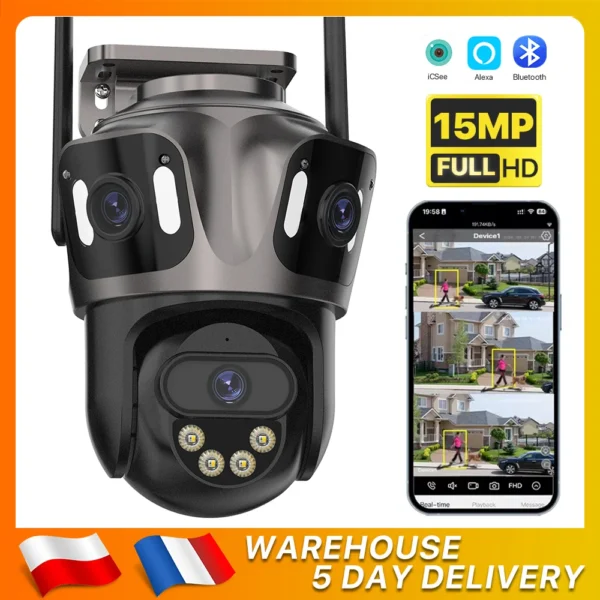 15MP HD Three Screen WIFI IP Camera Outdoor 4K Dual Lens Camera Ai Human Detection Waterproof CCTV Video Security Camera iCsee