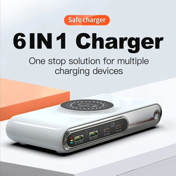 5-in-1 USB C Charger Station with LED Colour Nighting 72W 4-Ports Magnetic Wireless Charging Station PD45W Fast Charger F9A