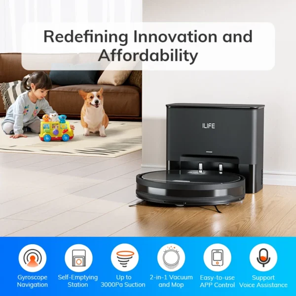 Second image of ILIFE V9/V9Pro Robot Vacuum, Self-Emptying, 3000Pa Strong Suction, Gyro Navigation, Schedule, App/Alexa Control, for Pet Hair