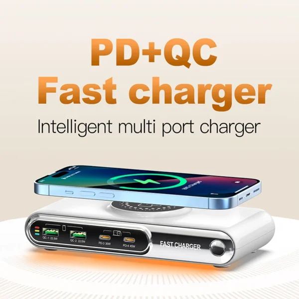 Second image of 5-in-1 USB C Charger Station with LED Colour Nighting 72W 4-Ports Magnetic Wireless Charging Station PD45W Fast Charger F9A